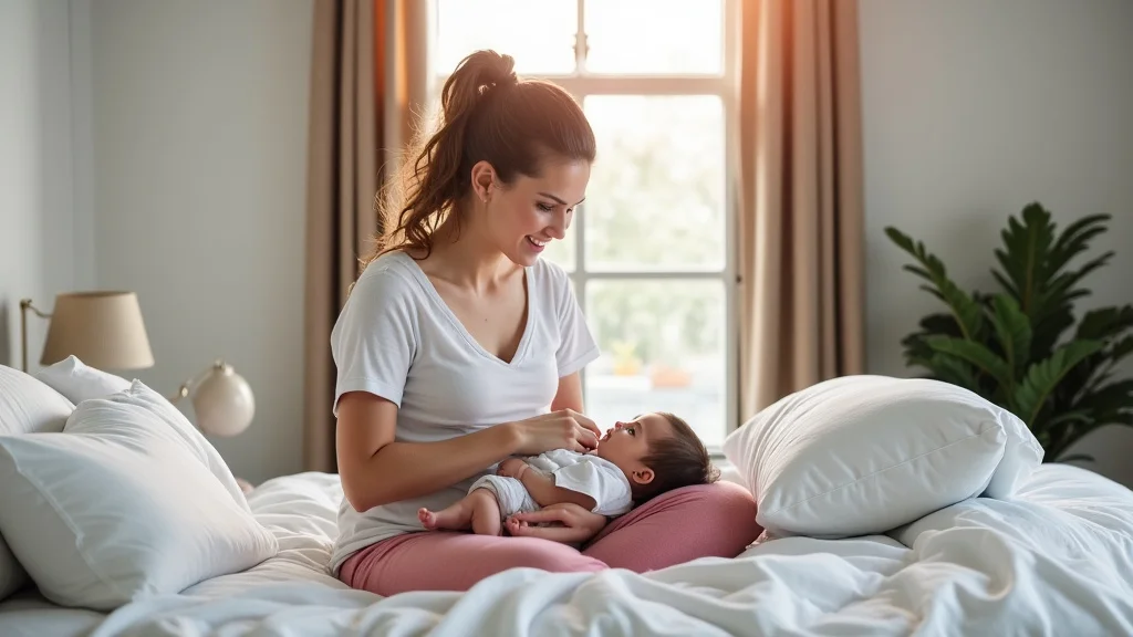 The image shows a pregnant woman resting comfortably, preparing for the eighth month of pregnancy.