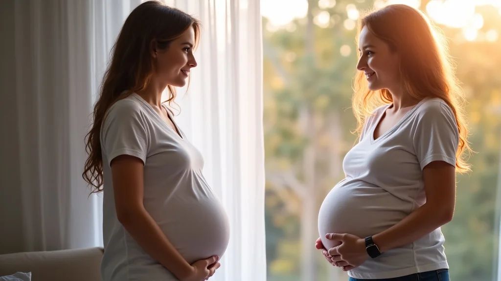 The image shows a mother gently touching her pregnant belly, representing third-month pregnancy care tips.