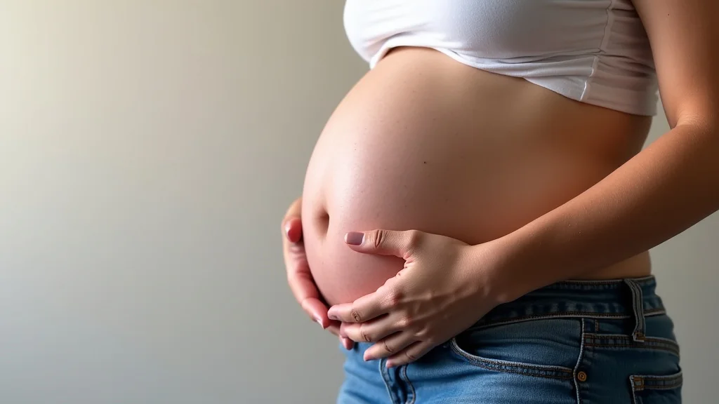 The image shows a pregnant person holding their belly during the ninth or tenth month of pregnancy.