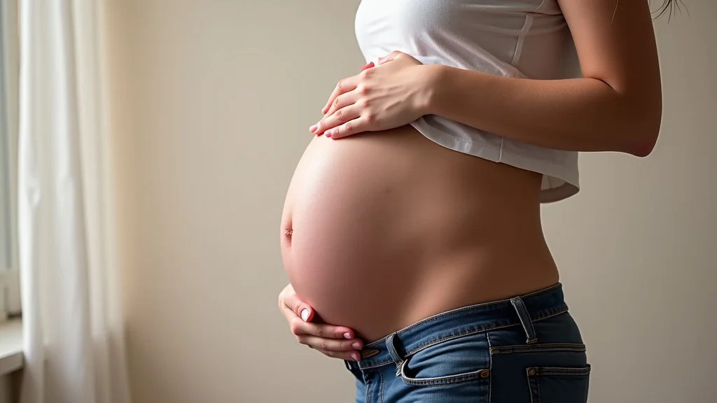 The image shows a pregnant belly with a two-week embryo illustration, hinting at pregnancy at two weeks.