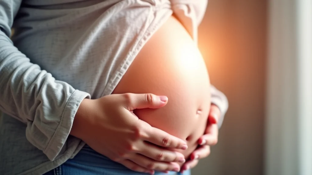 The image shows a smiling pregnant woman looking at a phone with pregnancy tips.