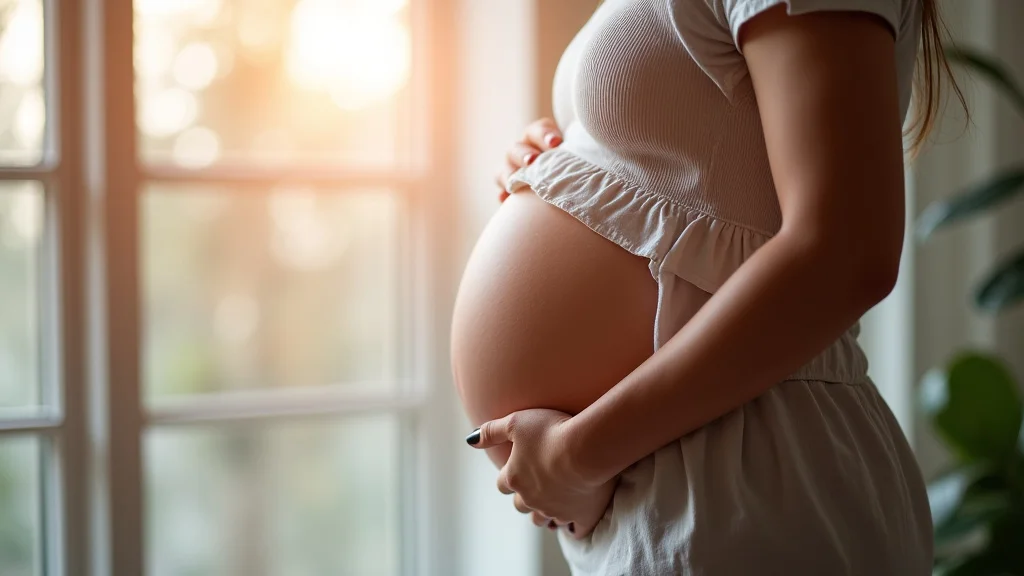 This image shows a glowing pregnant woman holding her belly, anticipating the 5th month of pregnancy.