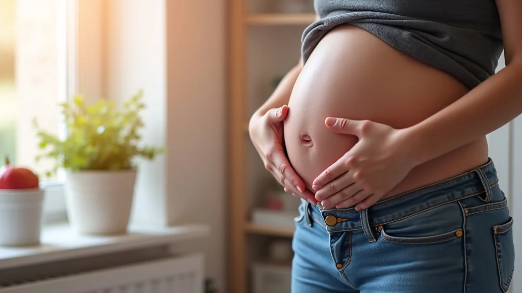 The image shows a uterus with developing embryo, illustrating early pregnancy symptoms for Week 8.