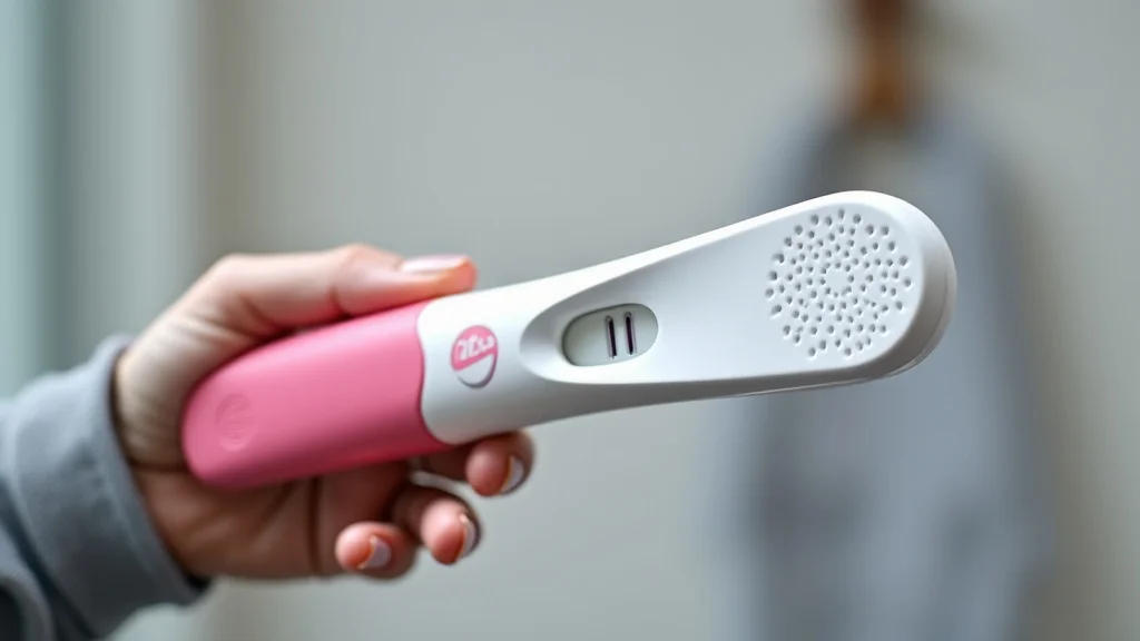 The image shows a pregnancy test with two lines, explaining the 25 miu/ml sensitivity for early detection.