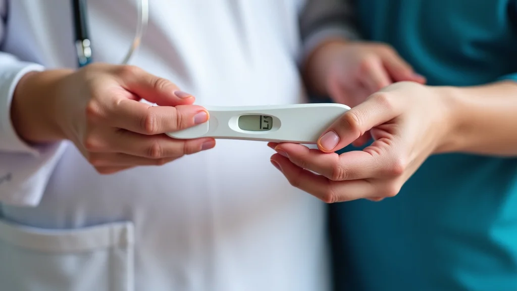 The image shows a positive pregnancy test stick with ICD-10 codes for a positive pregnancy result.