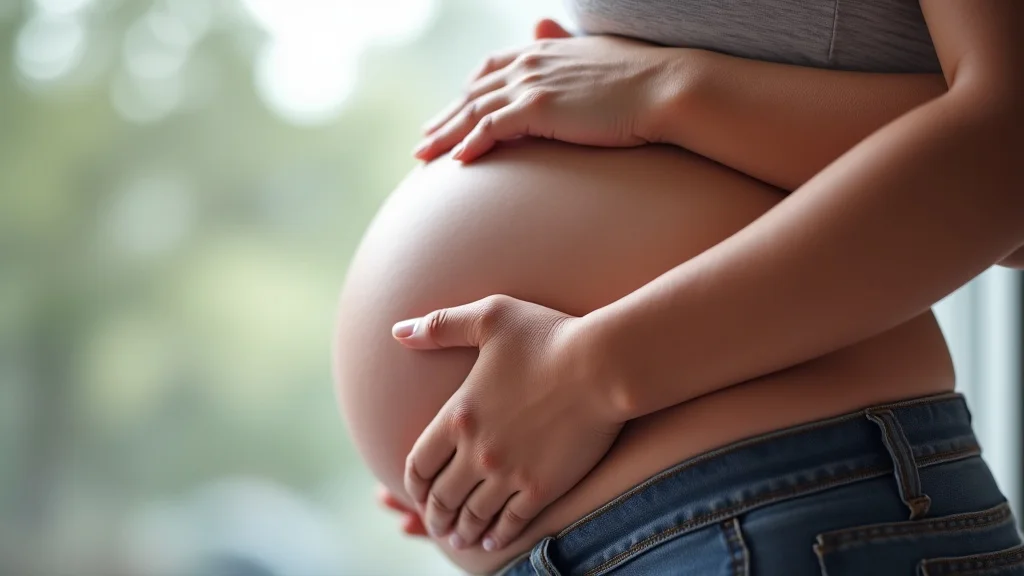 The image shows a woman holding her stomach, experiencing early pregnancy week 5 symptoms explained simply.