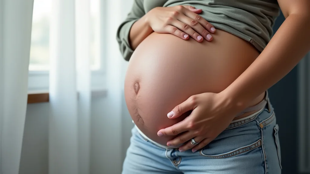 The image shows a graphic illustration of the pregnant uterus, detailing second-trimester complications explained simply.