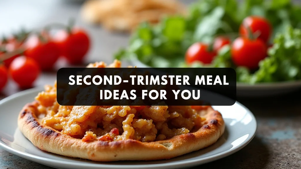 The image shows a colorful salad with fresh vegetables and grilled chicken, suggesting healthy Second Trimester Meal Ideas.