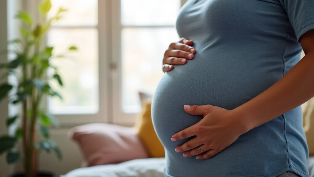The image shows a woman holding her pregnant belly, illustrating the second trimester of pregnancy for NHS explained simply.