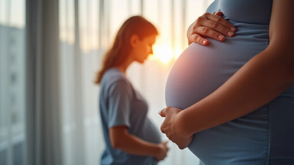 The image shows a compassionate illustration of a pregnant abdomen with supportive hands, referencing the Second Trimester Pregnancy Loss ACOG Guide.