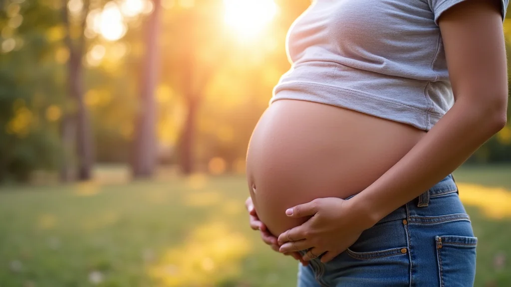 The image shows a happy pregnant person's belly, illustrating second trimester pregnancy months explained simply.