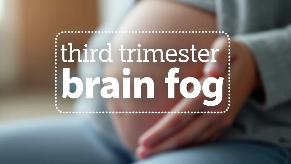 The image shows a woman looking confused with glowing thoughts, illustrating third trimester brain fog.