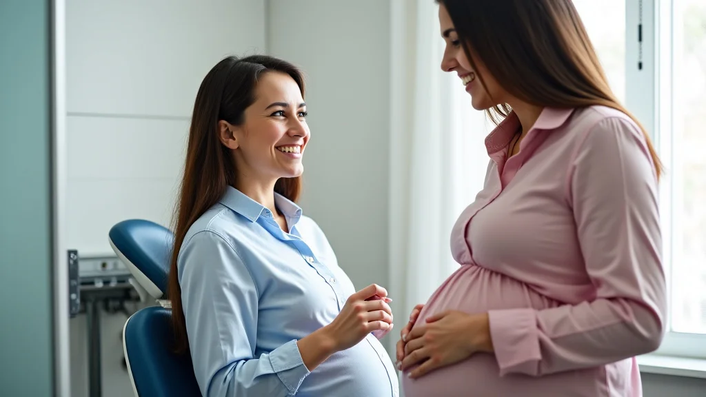 The image shows a pregnant woman at a dentist's office, illustrating third trimester dental care explained simply.