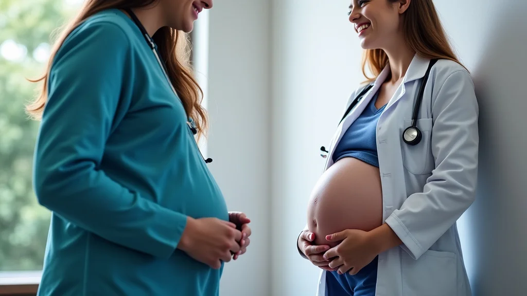 The image shows a pregnant person at a doctor's appointment discussing third trimester visits.