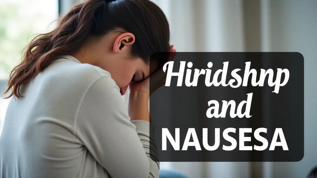 The image shows a pregnant woman experiencing a headache and nausea, illustrating third trimester discomfort.