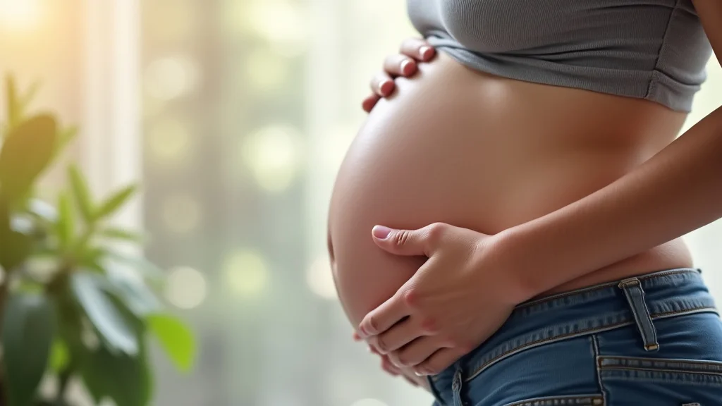 The image shows a pregnant belly with a hand gently resting on it, illustrating the Third Trimester Kick Count Guide.