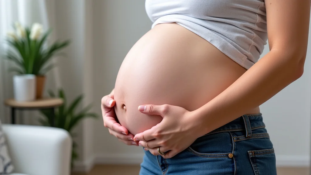 The image shows a pregnant woman performing a simple exercise during her third trimester.