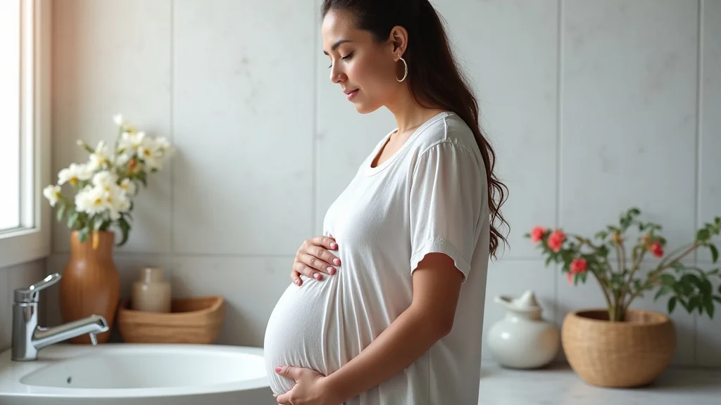 The image shows a pregnant person holding a glass of water, illustrating third trimester water intake.