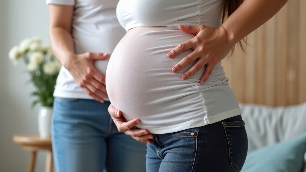 The image shows a pregnant woman gently stretching her back, illustrating third trimester lower back pain relief tips.