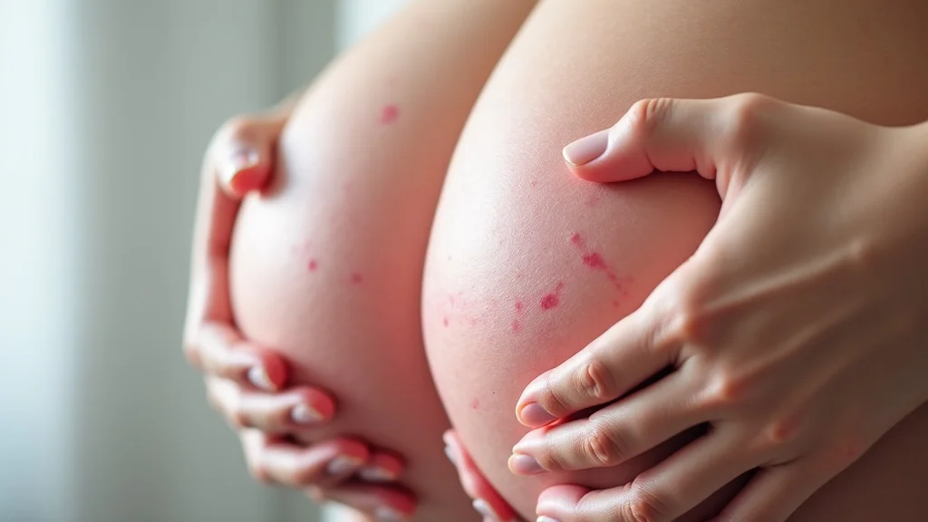 The image shows a close-up of a pregnant belly with a red, raised rash, illustrating second-trimester skin concerns.