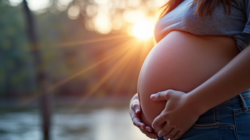 The image shows a medical illustration of a fetus with fluid buildup, illustrating third trimester fetal hydrops.