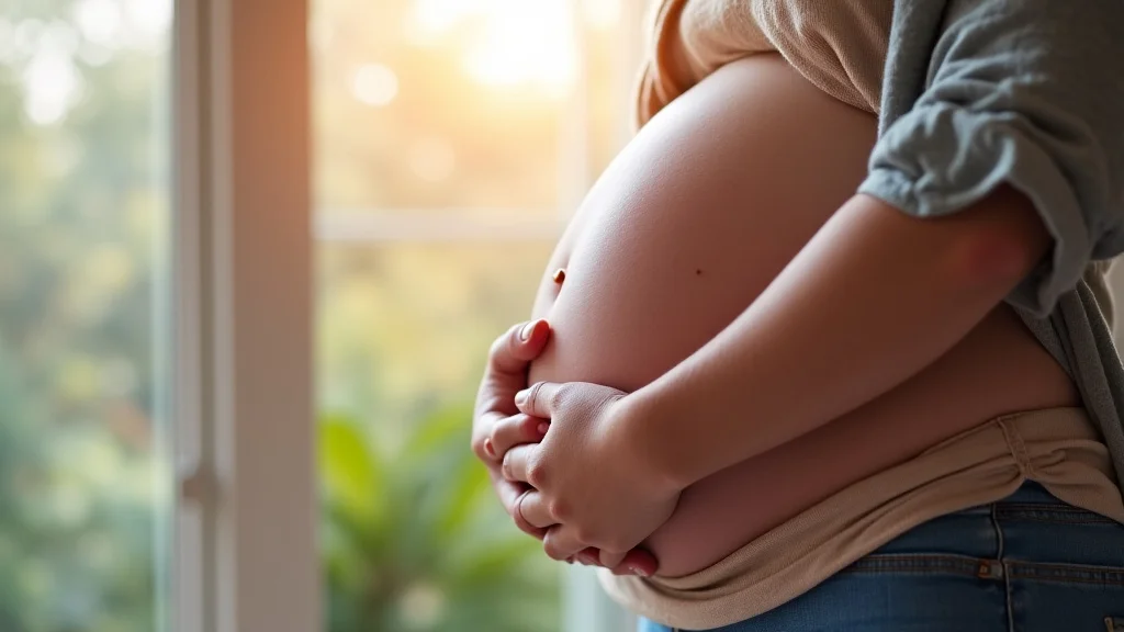 The image shows a pregnant person in their third trimester, highlighting the final stage of gestation.