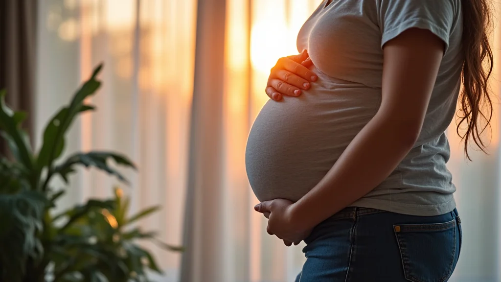 The image shows a pregnant belly with a measurement tape illustrating third trimester gestational age.