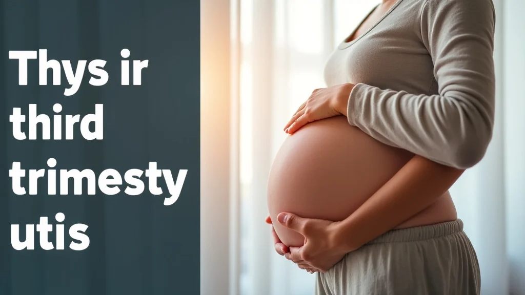 This image shows a pregnant woman gently touching her abdomen, illustrating third-trimester UTI awareness.