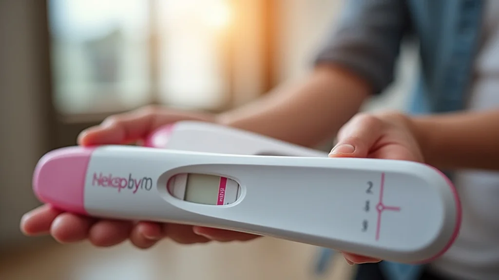 The image shows a woman holding a midstream pregnancy test after use.