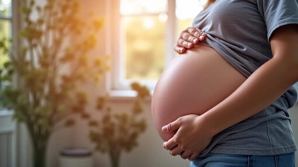 The image shows a pregnant belly, possibly illustrating pregnancy week 8, for a helpful guide.