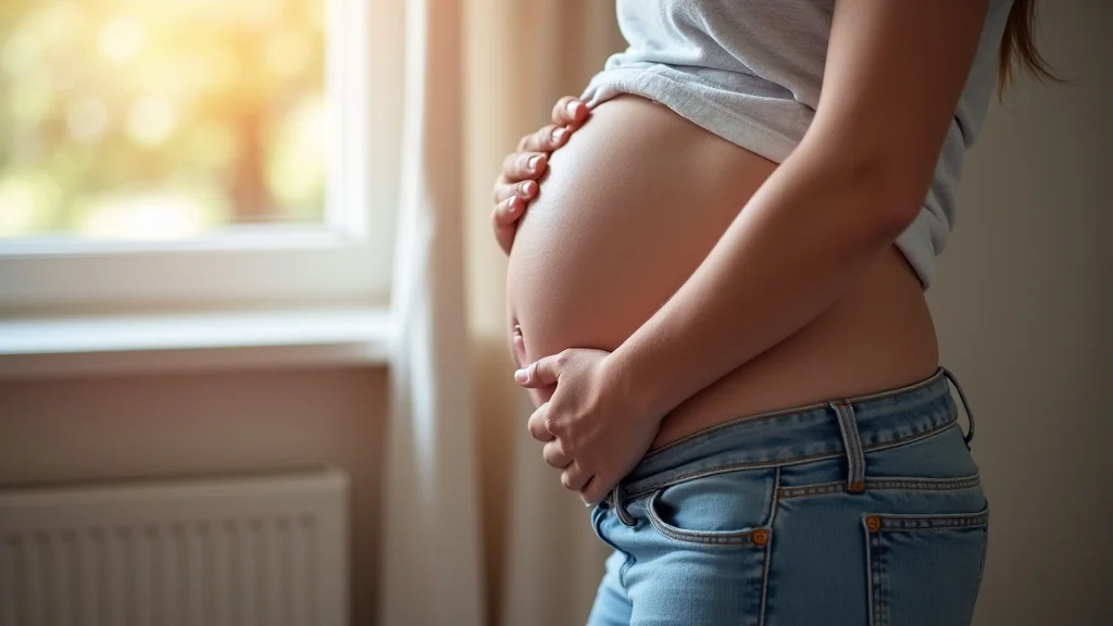 The image shows a woman holding her pregnant belly, with helpful week-by-week pregnancy information displayed.