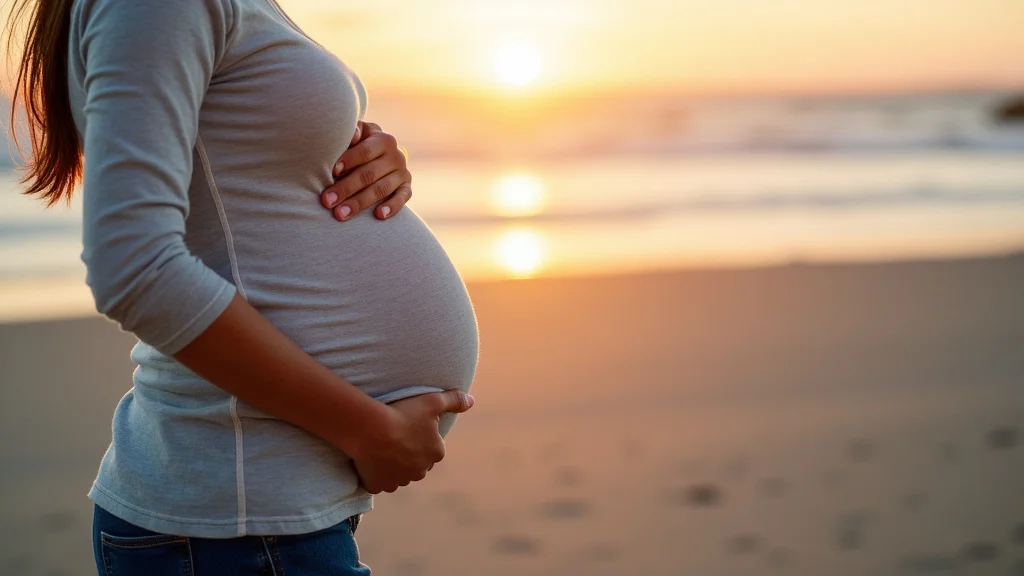 The image shows a pregnant woman smiling, with text overlaying the second trimester guide.